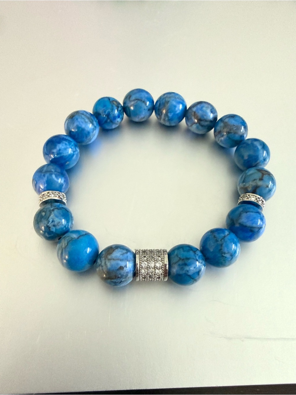 Blue Denim Turquoise Stretch Bracelet 10mm Size 7 Silver Pave Spacer Handmade